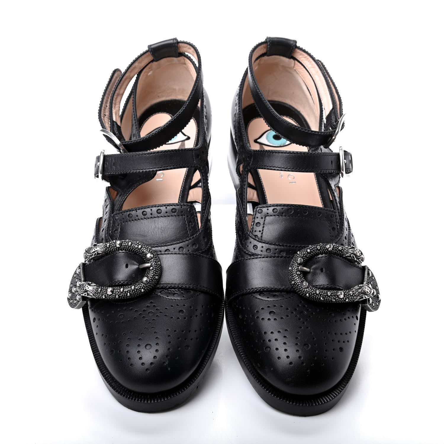Gucci Calfskin Bee Embroidered Womens Queercore Brogue Wingtip Monk Strap Loafers 39 Black 5 of 13