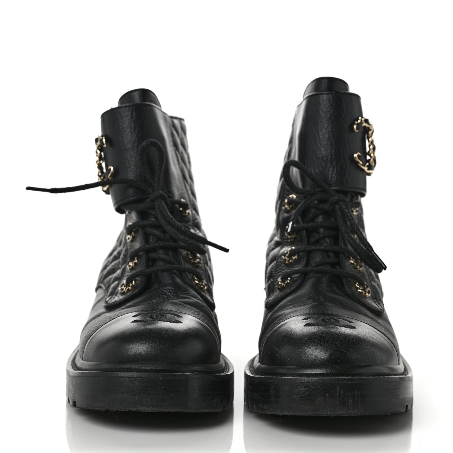 Shiny Calfskin Quilted Lace Up Combat Boots 41.5 Black