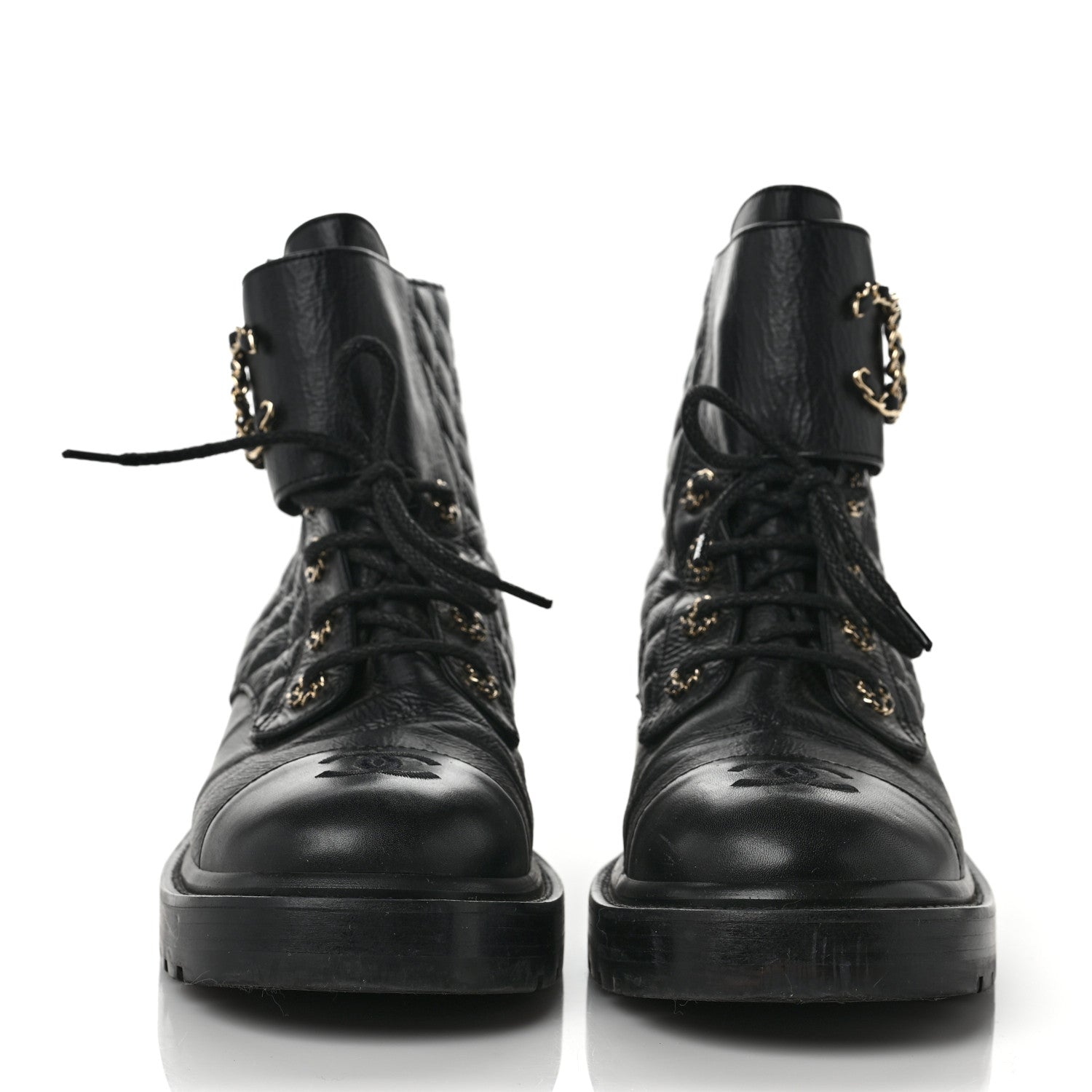 Chanel Shiny Calfskin Quilted Lace Up Combat Boots 41.5 Black 2 of 9