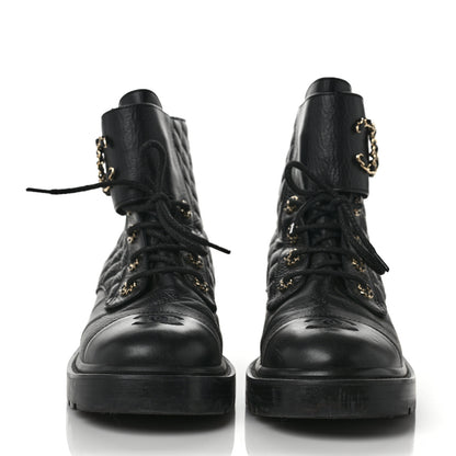 Chanel Shiny Calfskin Quilted Lace Up Combat Boots 41.5 Black 2 of 9