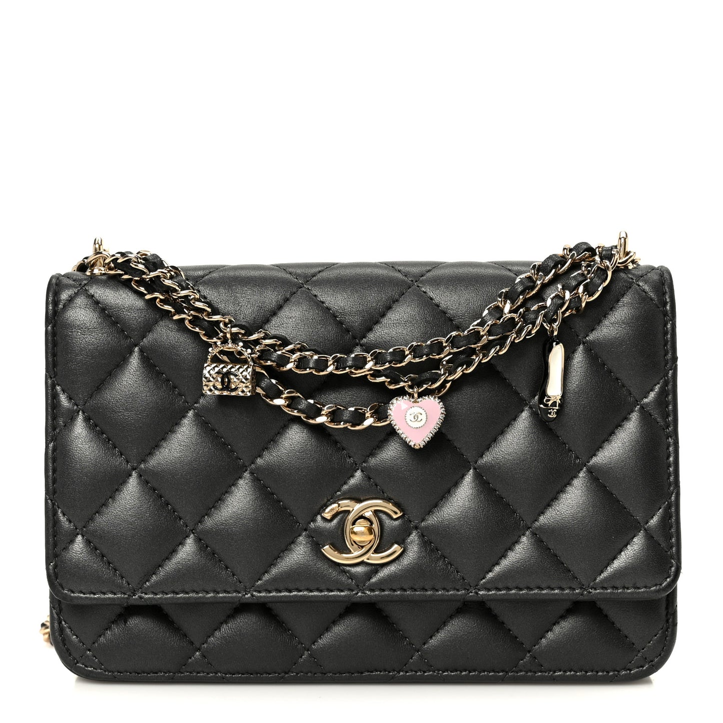 Pearly Lambskin Quilted Charms Wallet On Chain WOC Black