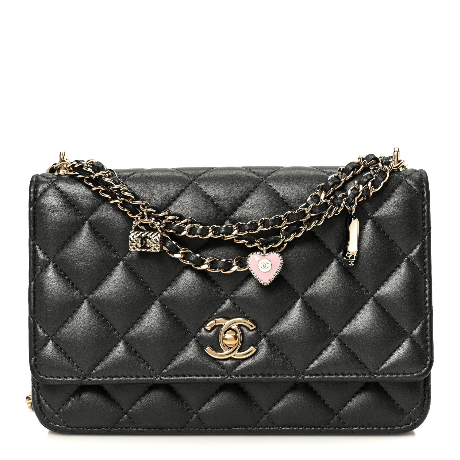 Chanel Pearly Lambskin Quilted Charms Wallet On Chain WOC Black 1 of 11