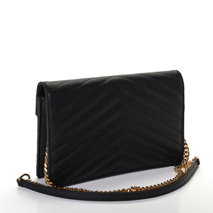 Saint Laurent Grain De Poudre Matelasse Chevron Monogram Envelope Chain Wallet Black 2 of 4