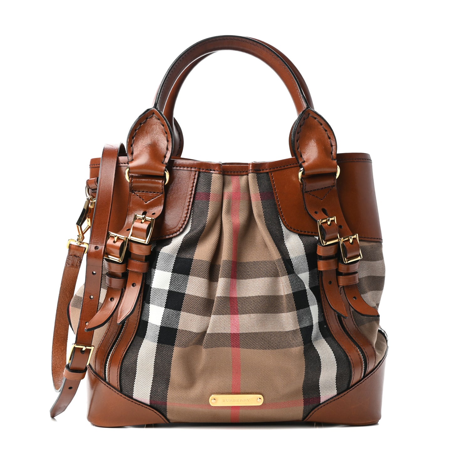 House Check Bridle Calfskin Medium Whipstitch Tote Dark Tan