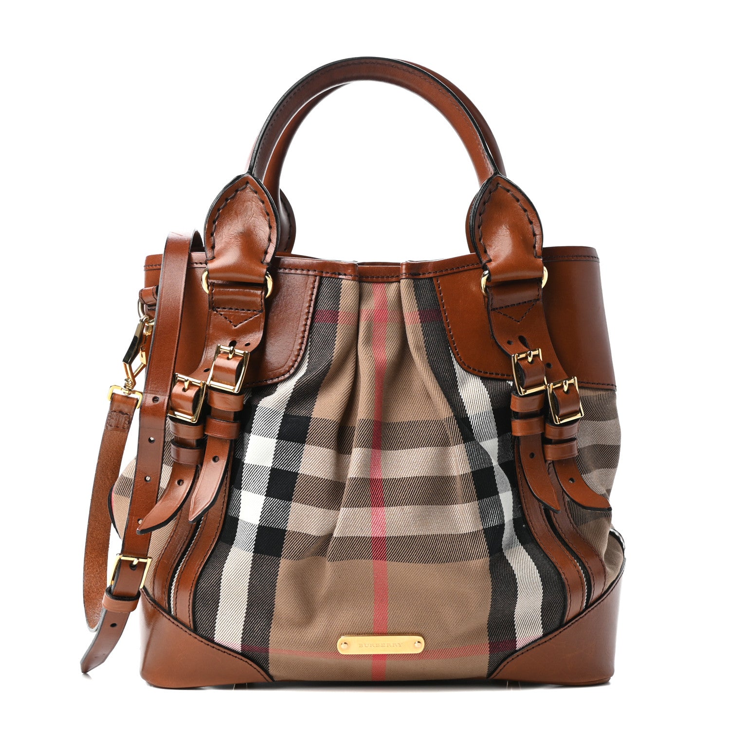 Burberry House Check Bridle Calfskin Medium Whipstitch Tote Dark Tan 1 of 10