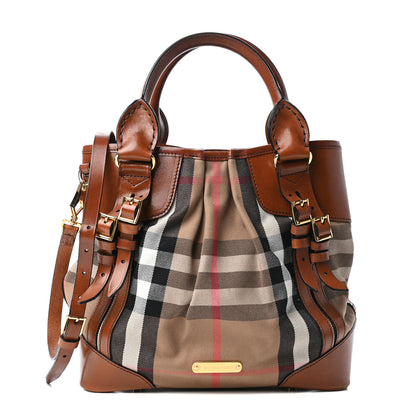 Burberry House Check Bridle Calfskin Medium Whipstitch Tote Dark Tan 1 of 10
