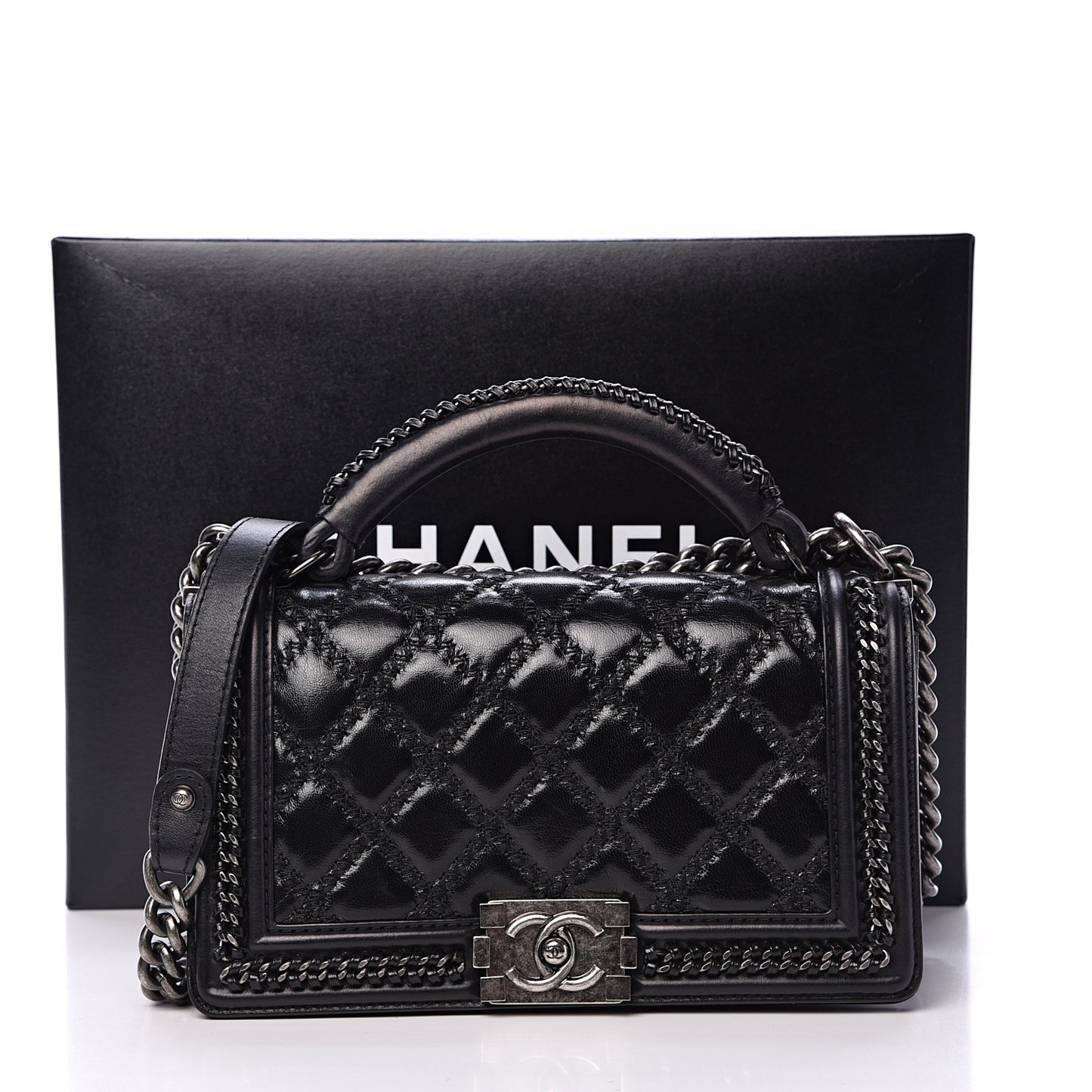 Calfskin Quilted Medium Top Handle Boy Flap Black