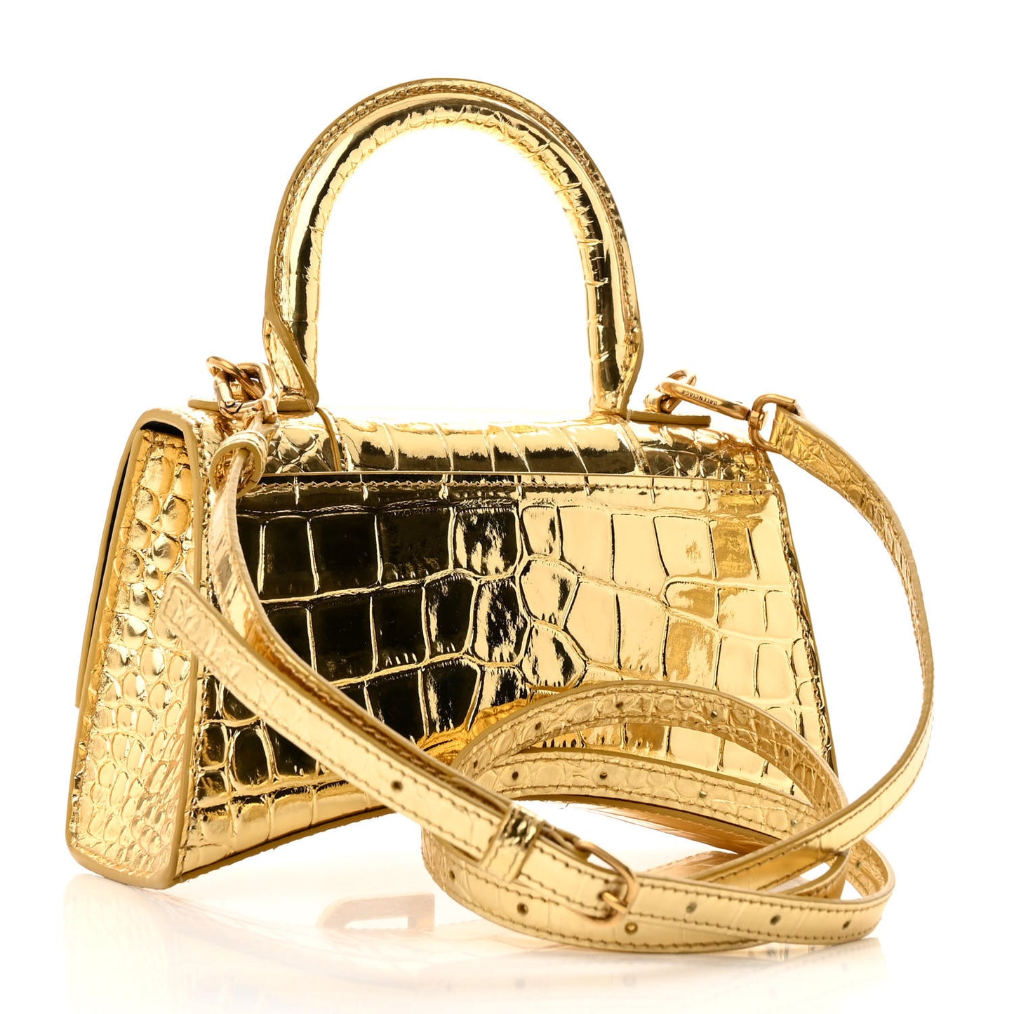Metallic Calfskin Crocodile Embossed Small Hourglass Top Handle Bag Gold