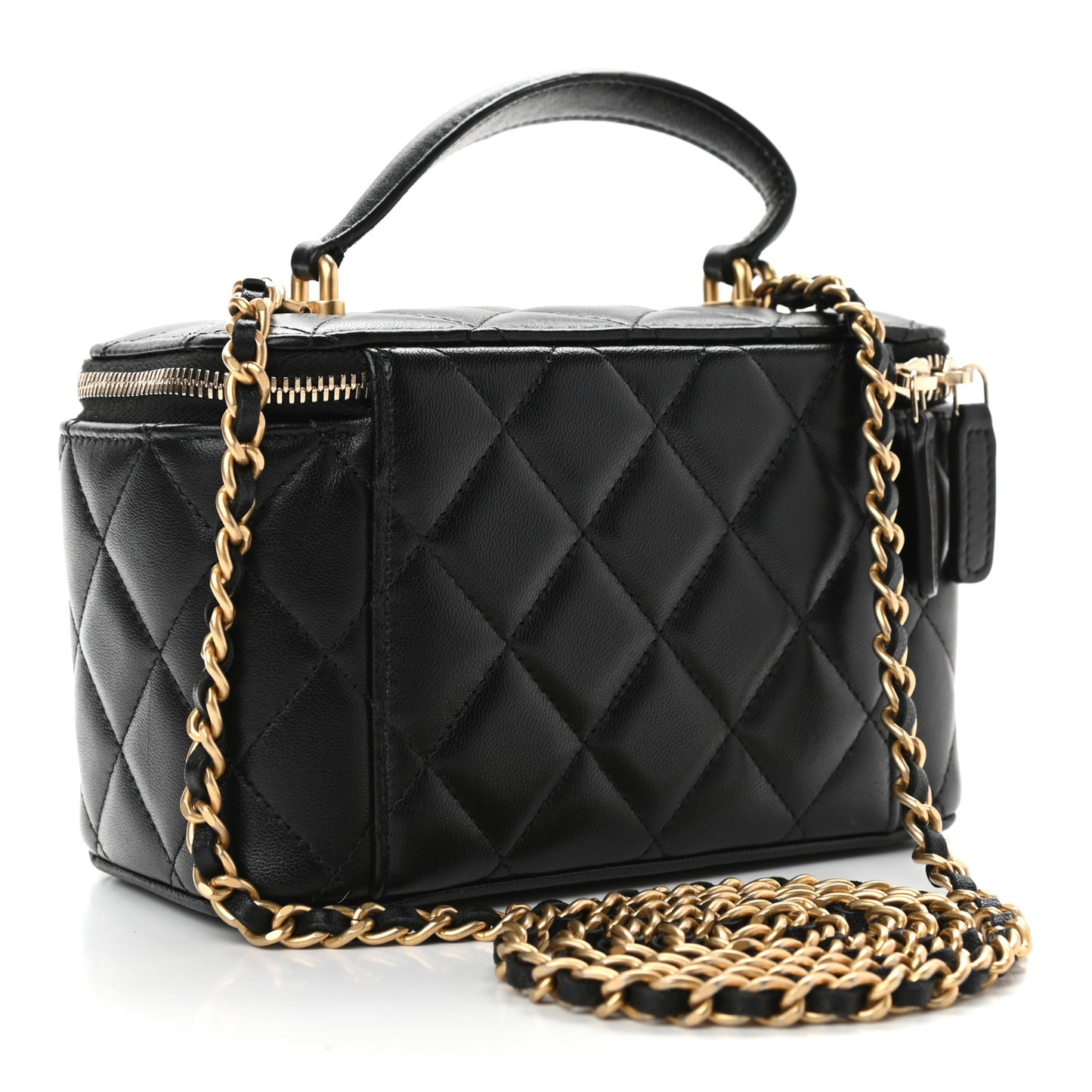 Lambskin Quilted Small Top Handle Vanity Case With Chain Black