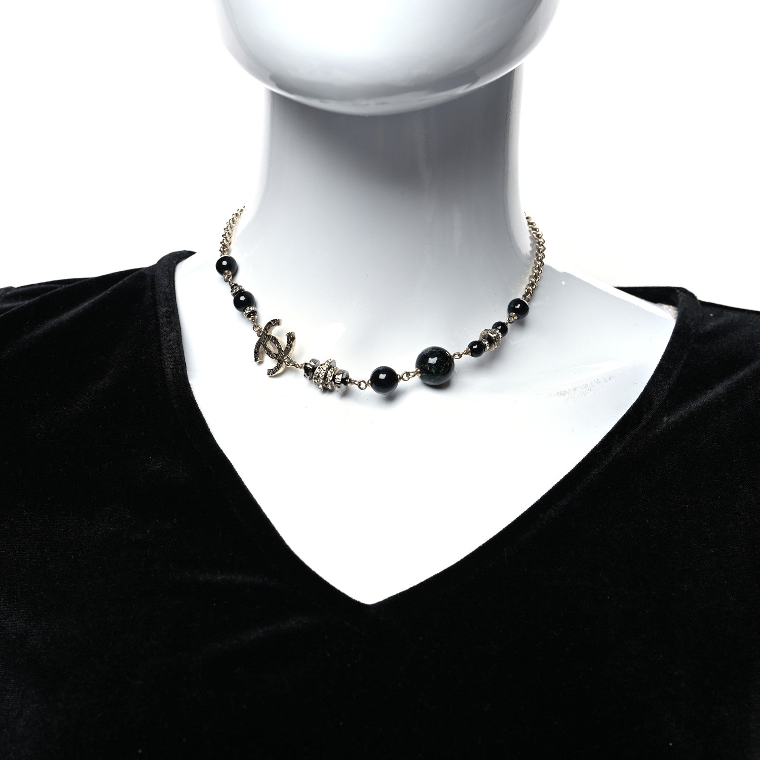 Chanel Crystal Bead Scarab CC Choker Necklace Black 2 of 5