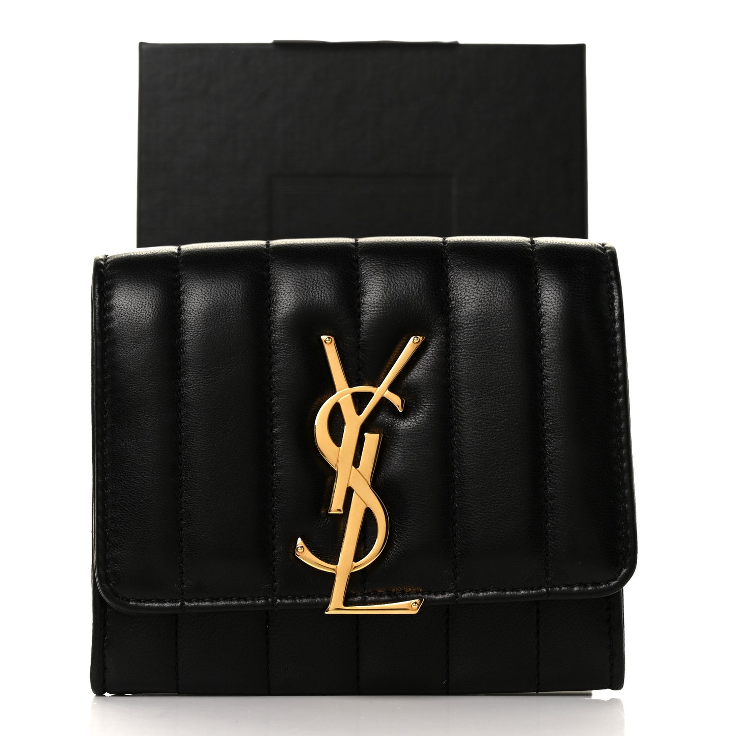Lambskin Matelasse Monogram Vicky Tri-Fold Wallet Black