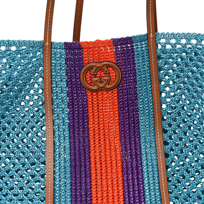 Gucci Raffia Web Woven Interlocking G Tote Blue Multicolor 8 of 10