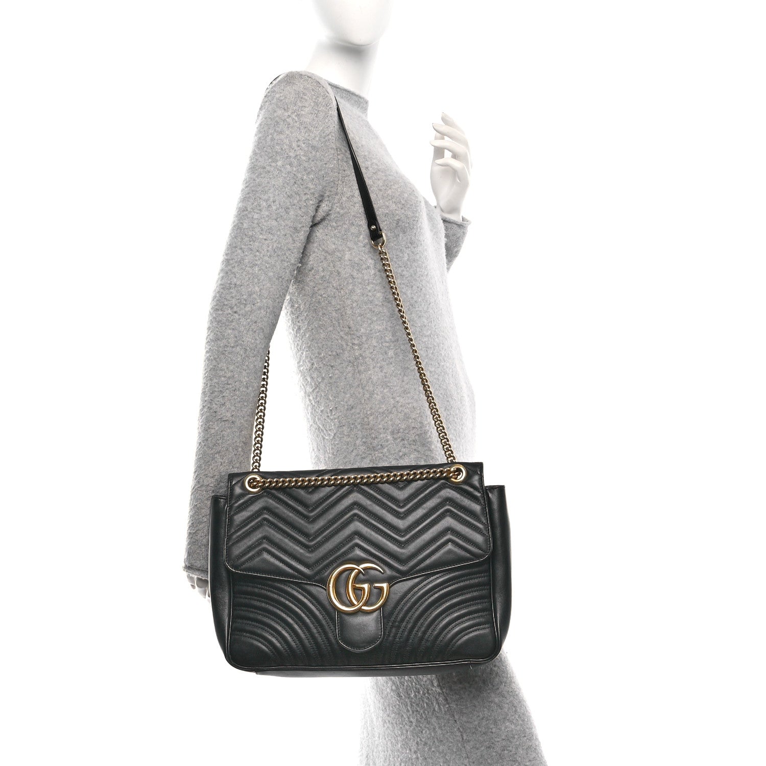 Gucci Calfskin Matelasse Large GG Marmont Shoulder Bag Black 2 of 10