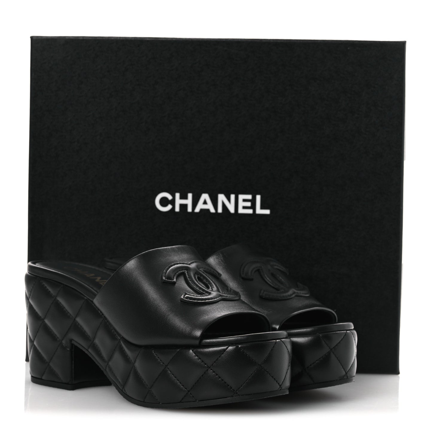 Lambskin Quilted CC Platform Mules 39 Black