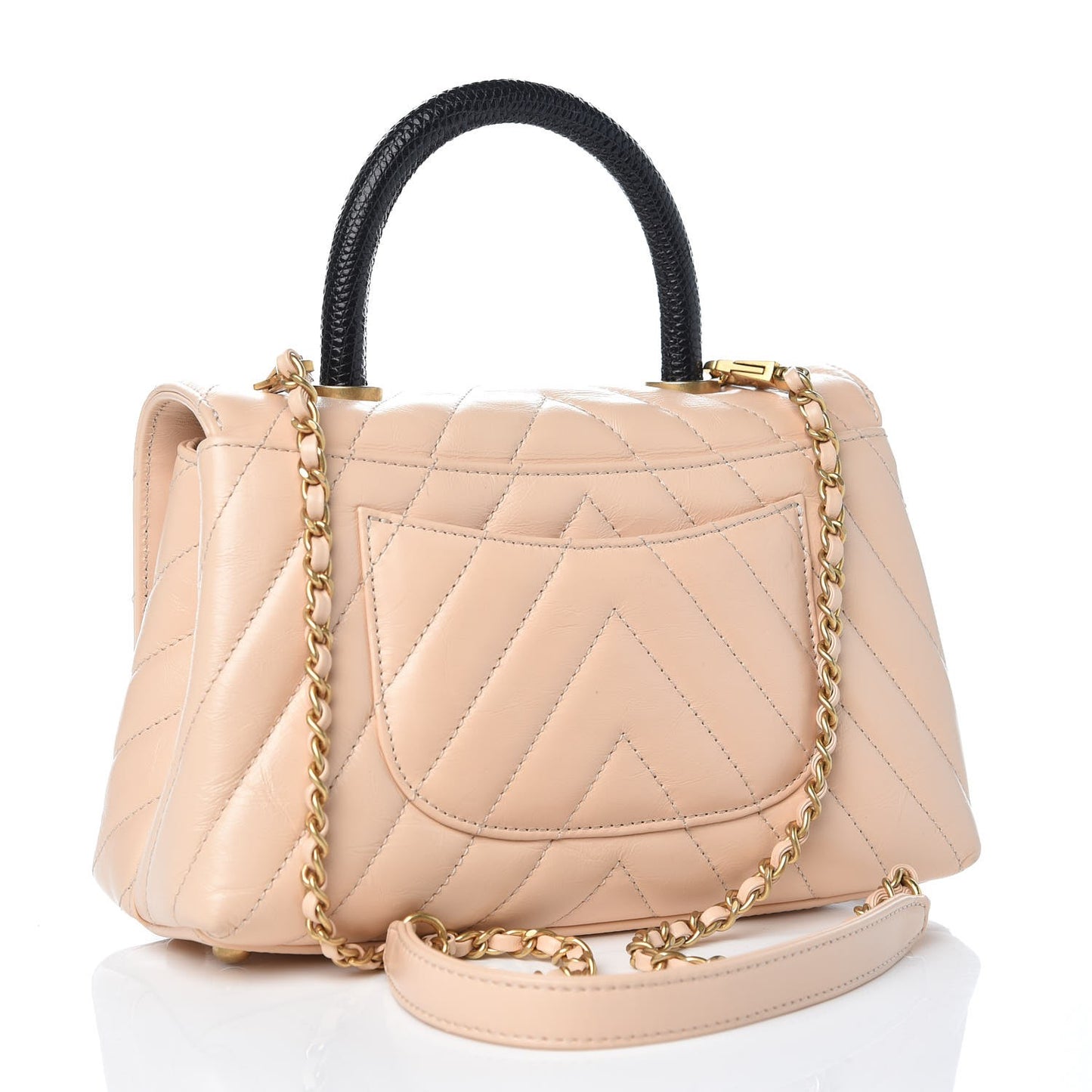 Calfskin Lizard Chevron Quilted Mini Coco Handle Flap Beige