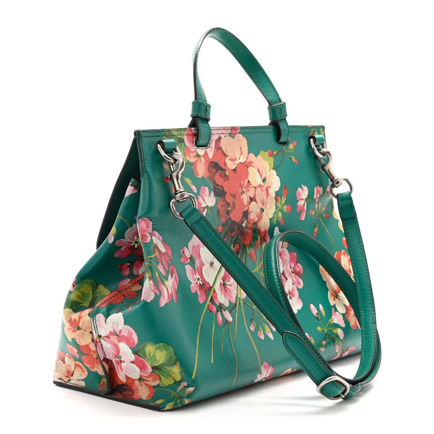 Shangai Calfskin Blooms Print Medium Bamboo Daily Top Handle Bag Clear Bright Emerald Multicolor