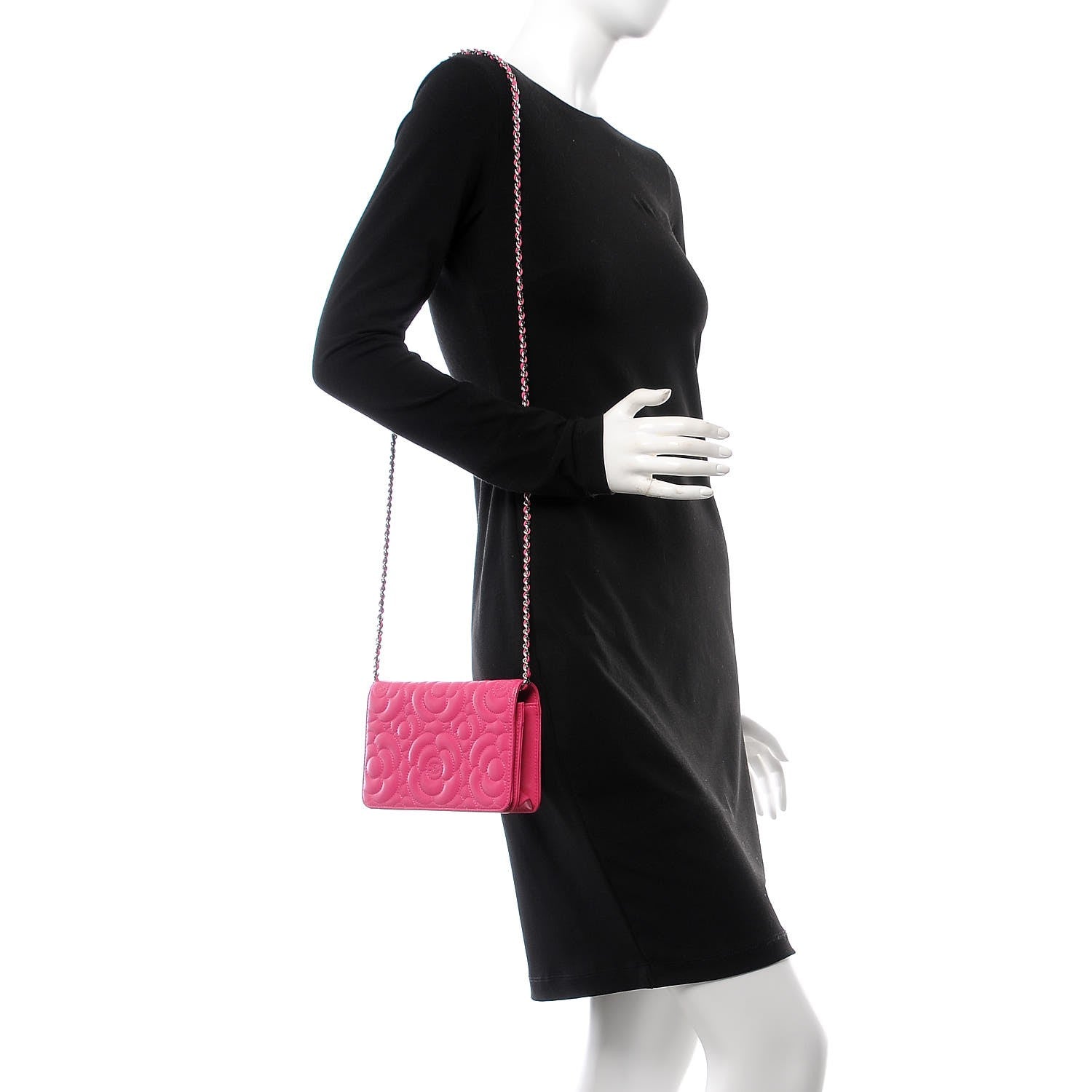 Chanel Lambskin Camellia Embossed Wallet on Chain WOC Fuchsia 2 of 9