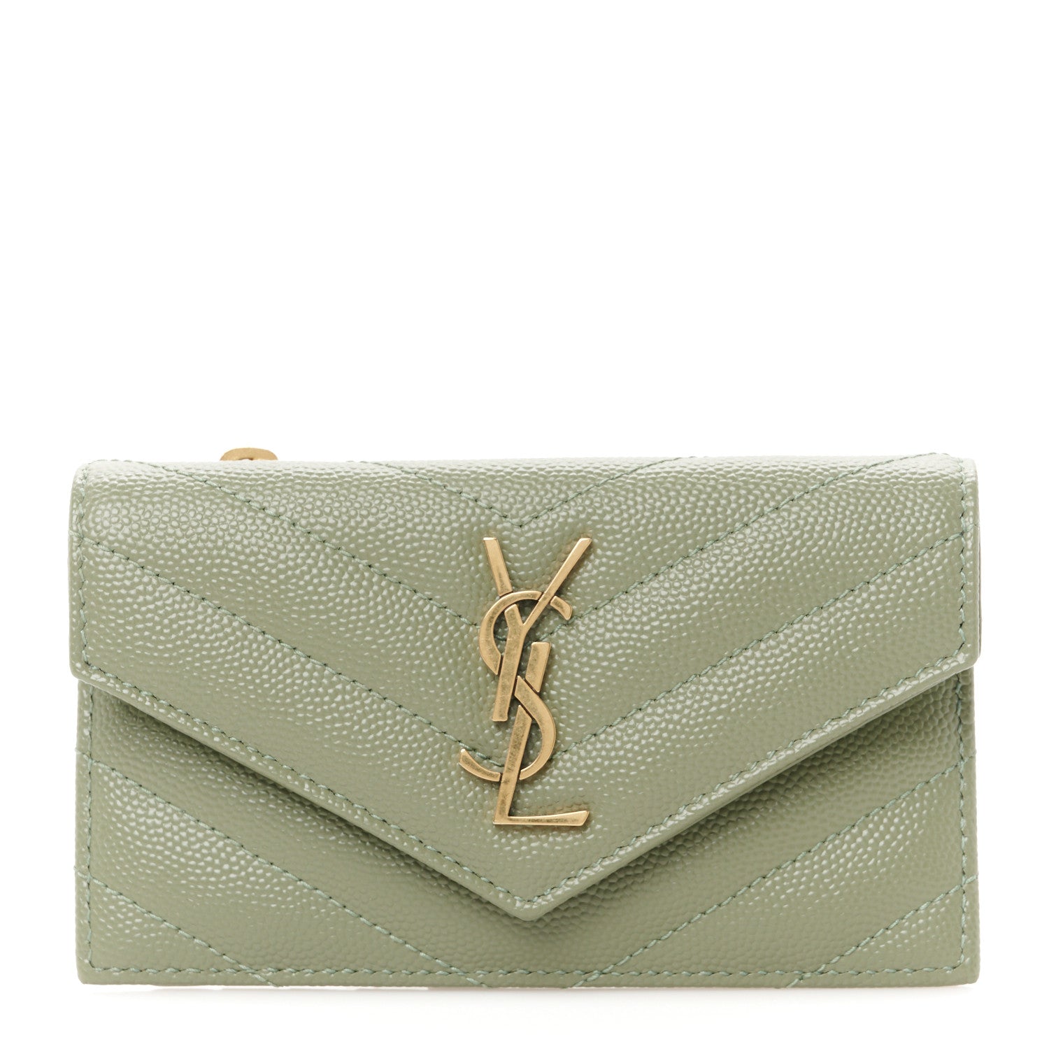 Saint Laurent Grain De Poudre Matelasse Chevron Monogram Compact Wallet Light Sage 1 of 7