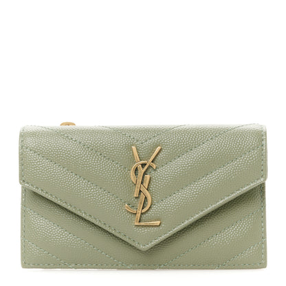 Saint Laurent Grain De Poudre Matelasse Chevron Monogram Compact Wallet Light Sage 1 of 7