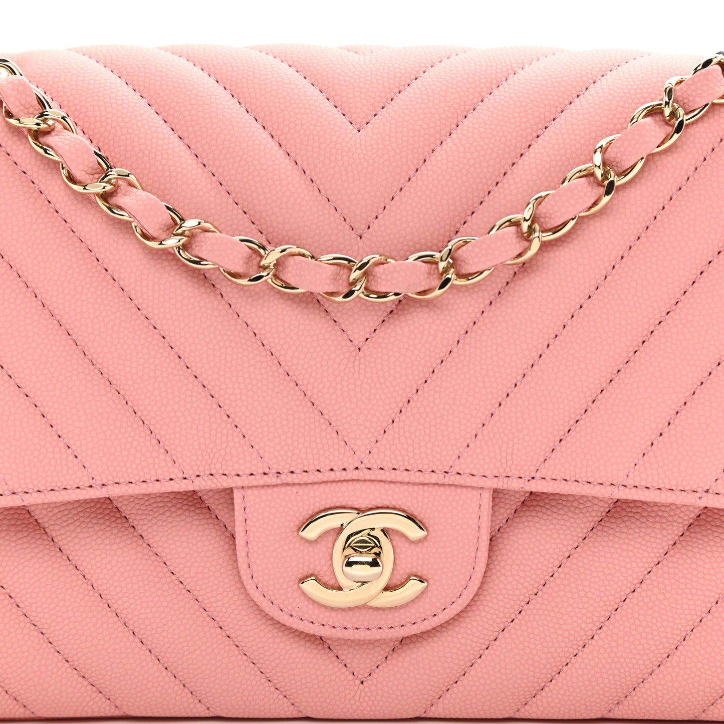 Caviar Flat Chevron Quilted Medium Double Flap Pink