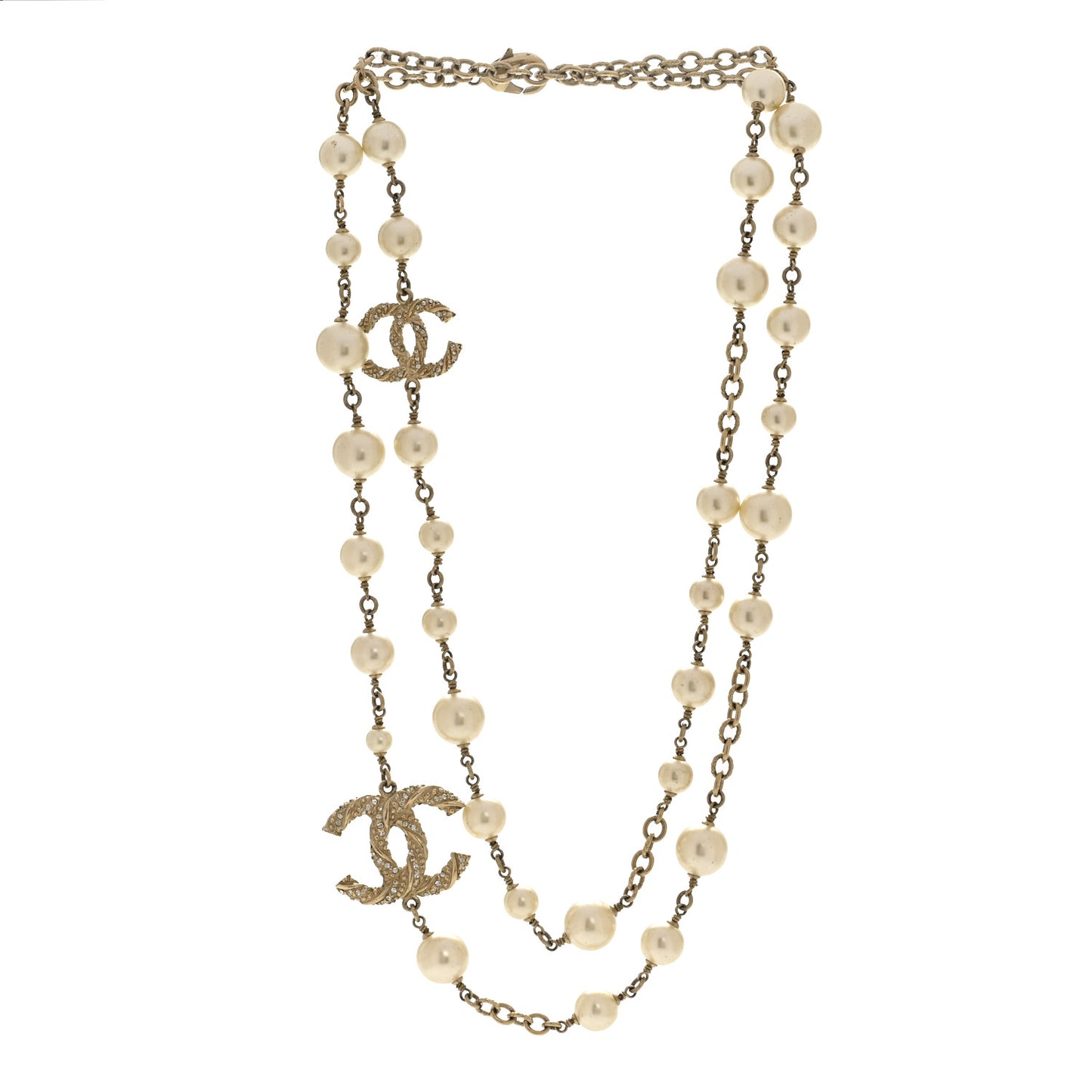 Graduated Pearl Crystal Twisted CC Long Necklace Gold
