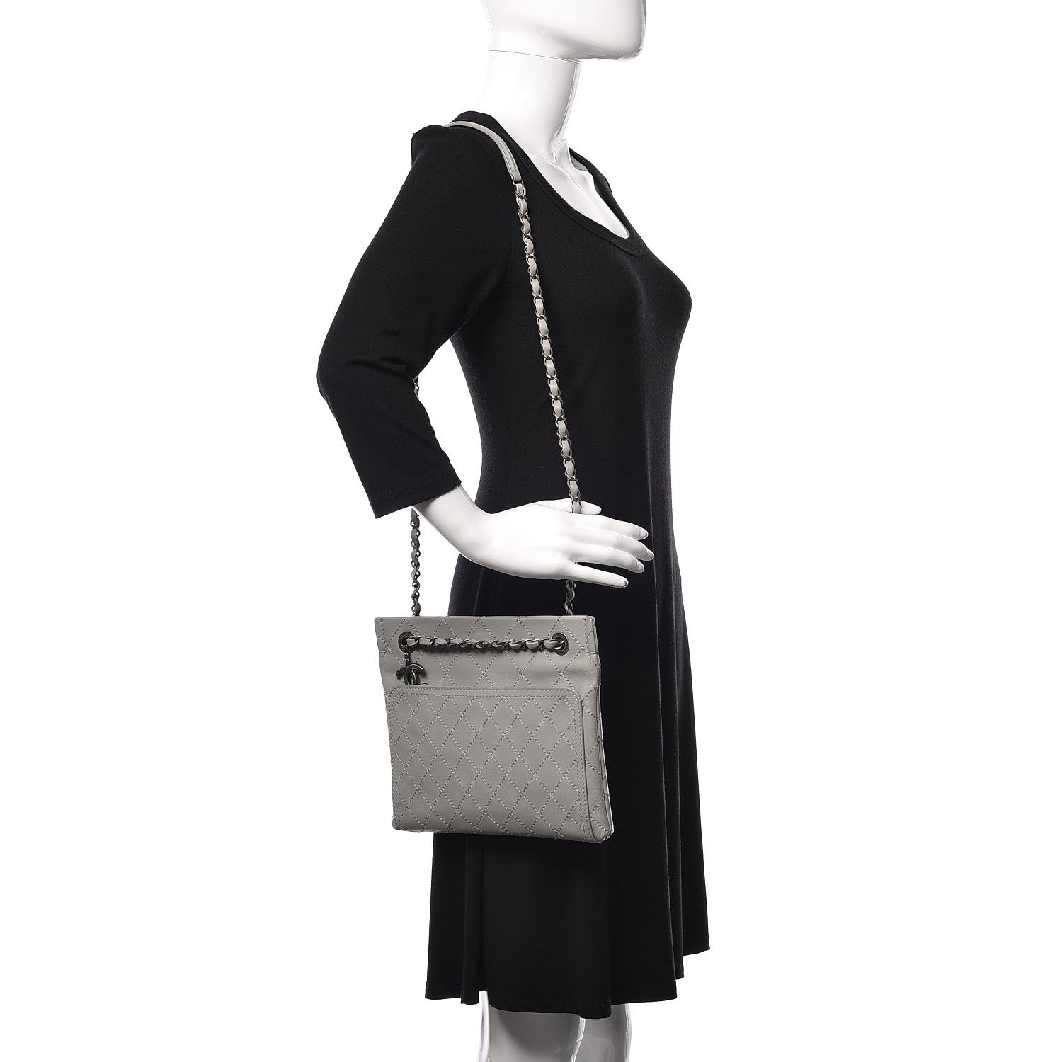 Chanel Calfskin Stitched Small CC Pocket Shoulder Grey 2 of 13