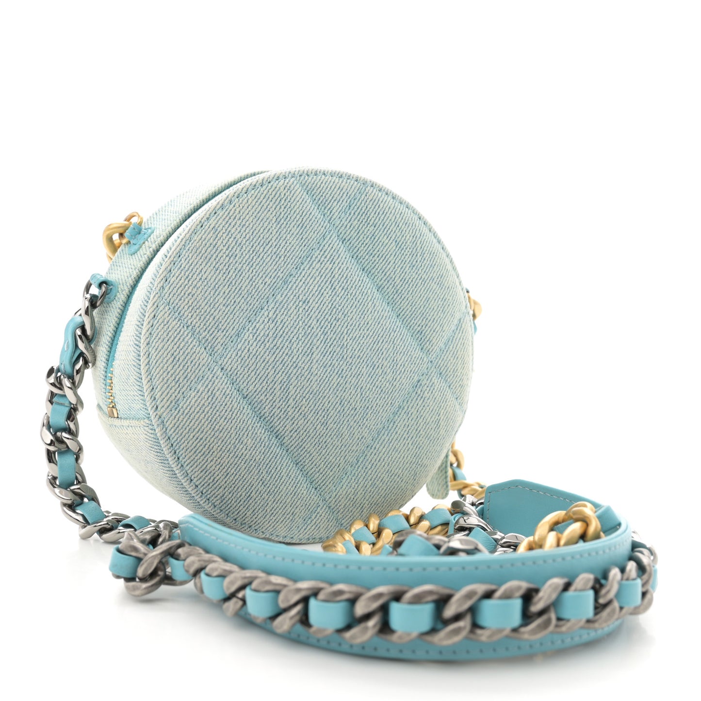 Denim Quilted Chanel 19 Round Clutch With Chain Neon Blue