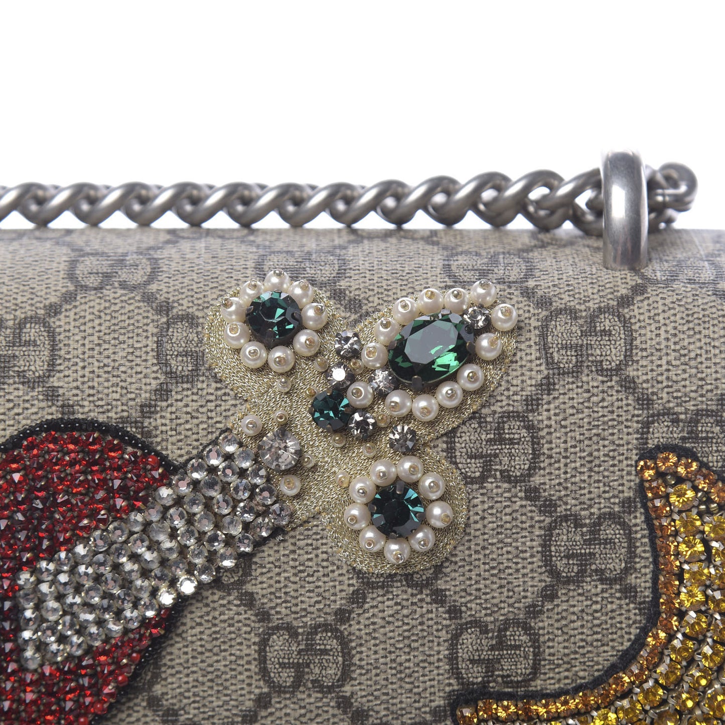 GG Supreme Monogram Suede Pierced Heart Embroidered Medium Dionysus Shoulder Bag Beige Ebony Pink Tropical Flower
