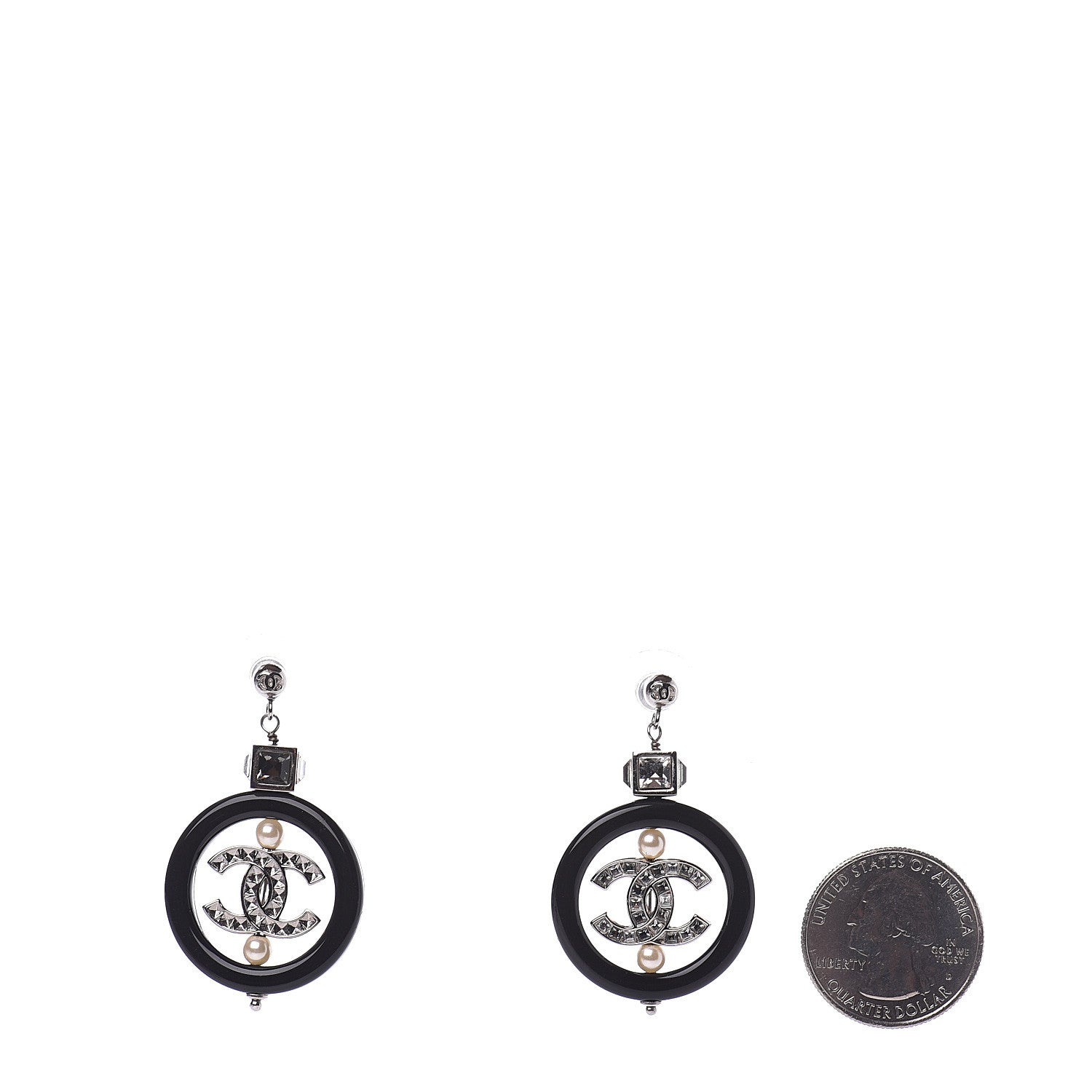 Chanel Baguette Crystal Pearl CC Drop Earrings Black Silver 2 of 5