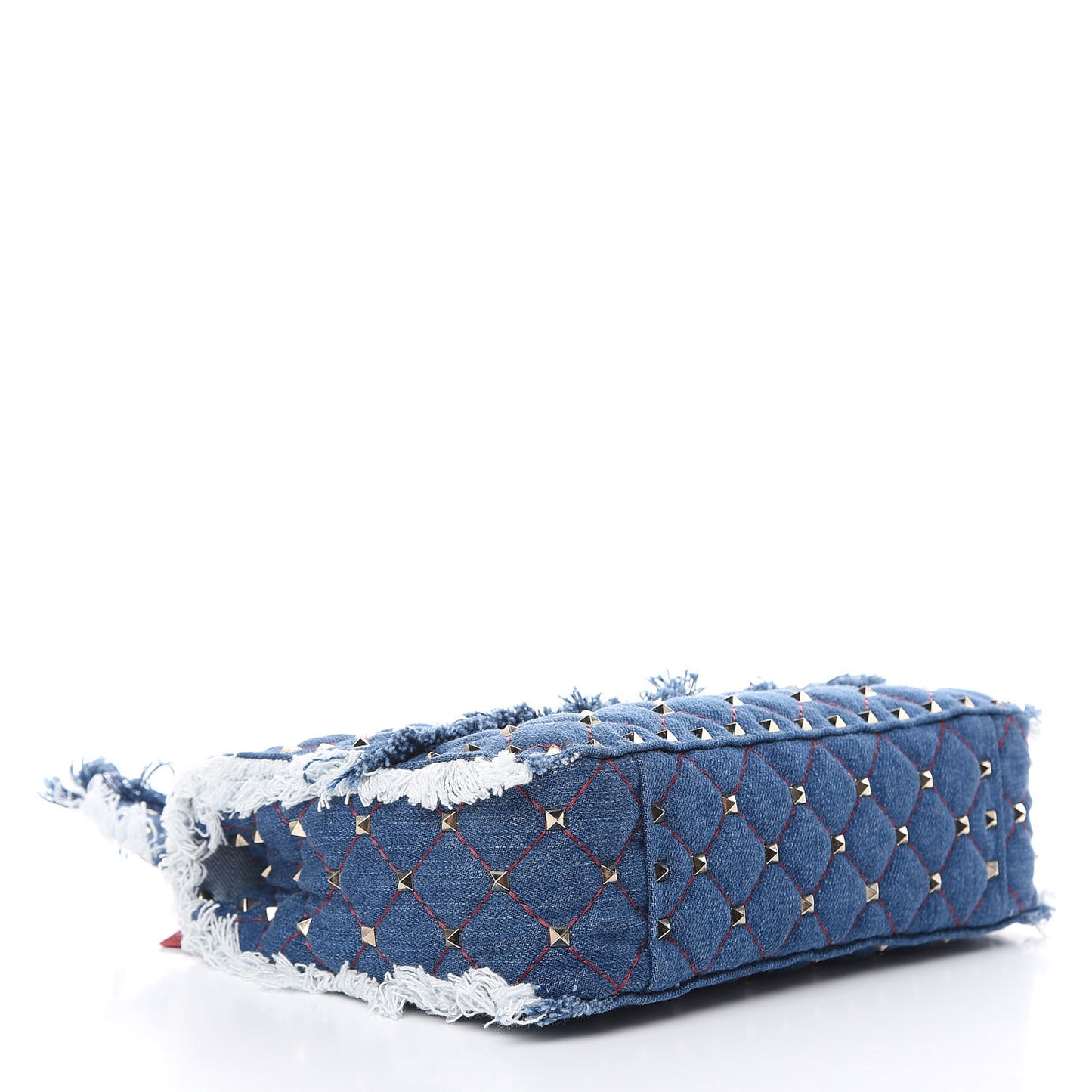 Denim Fringe Medium Rockstud Spike Shoulder Bag Blue