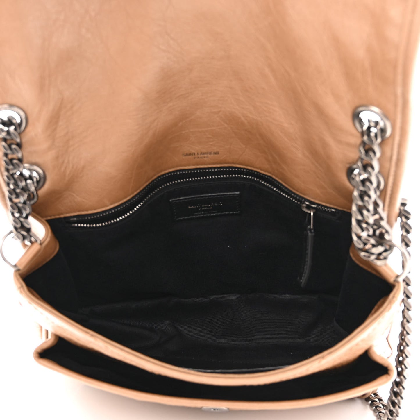 Crinkled Calfskin Matelasse Monogram Medium Niki Chain Satchel Natural Tan