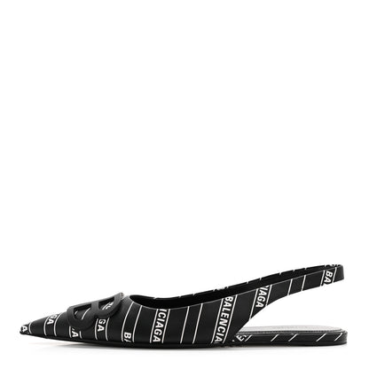 Balenciaga Calfskin Diagonal Allover Logo Print BB Knife Pointy Toe Slingback Flats 35.5 Black White 1 of 9