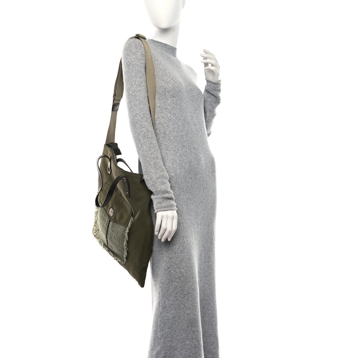 Chanel Canvas Tweed Stitched Cuba Patchwork Large Crossbody Shopper Tote Khaki 2 of 9
