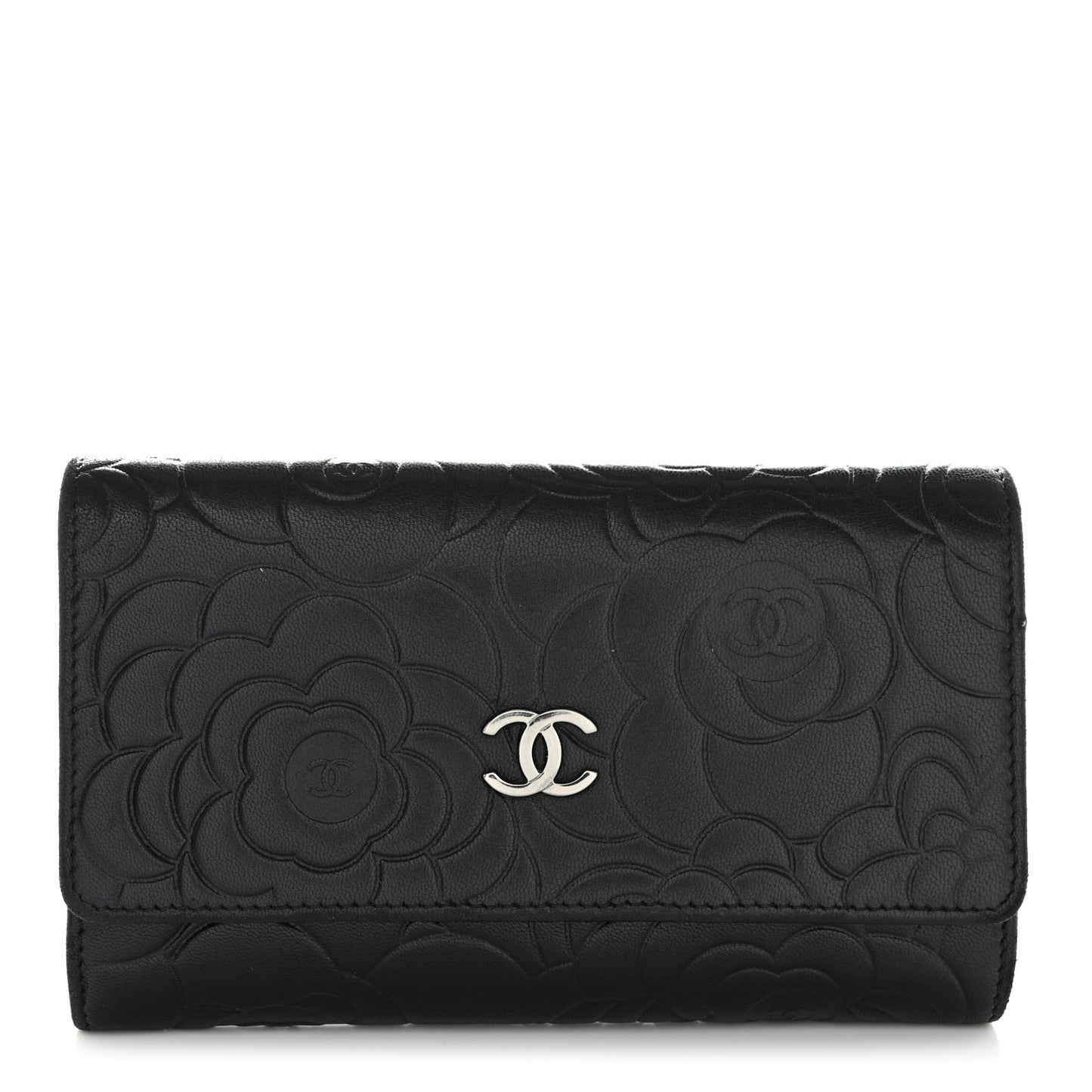 Lambskin Camellia Embossed Medium Wallet Black