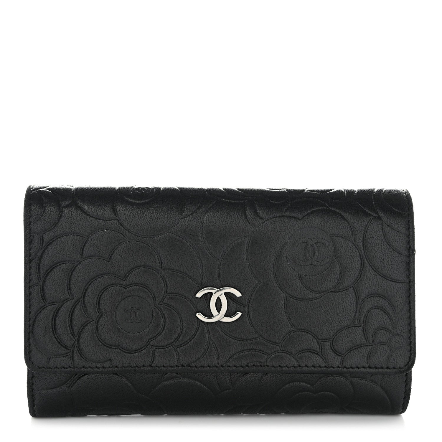 Chanel Lambskin Camellia Embossed Medium Wallet Black 1 of 9