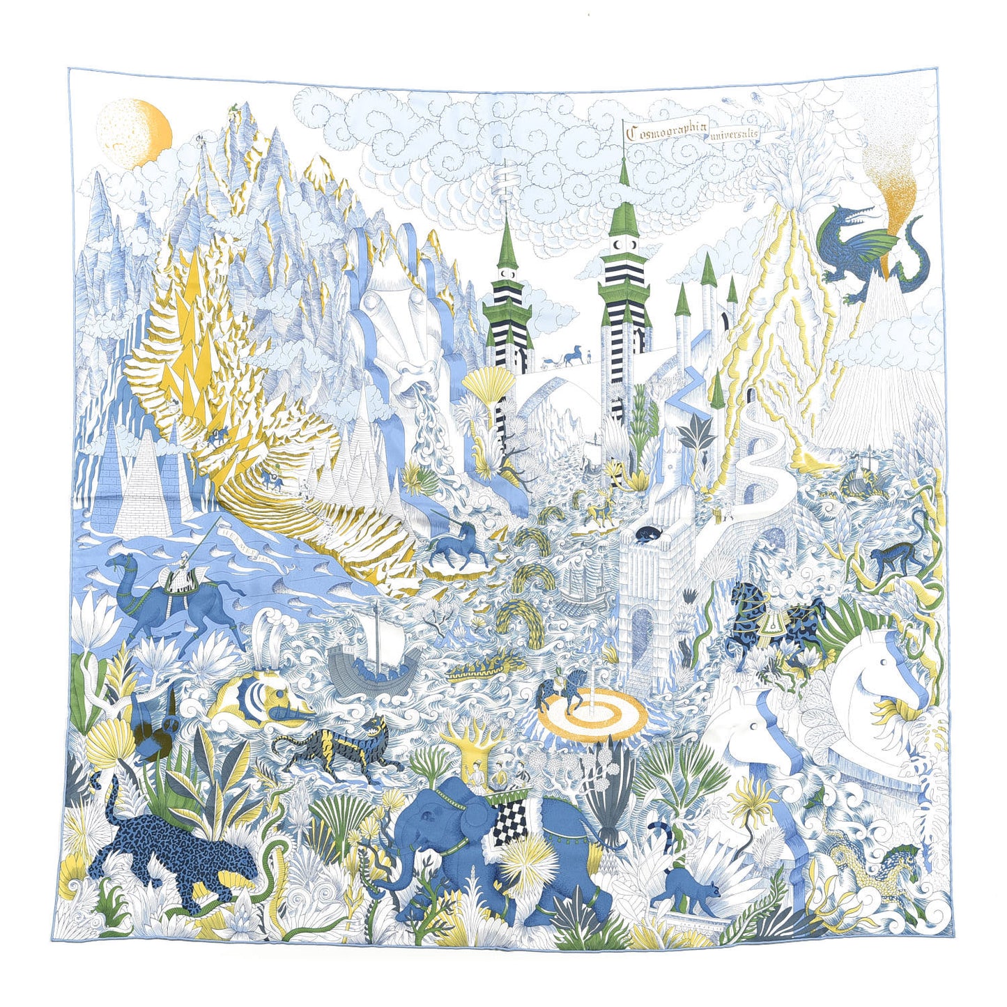 Silk Cosmographia Universalis Scarf 90 White Bleu Vert