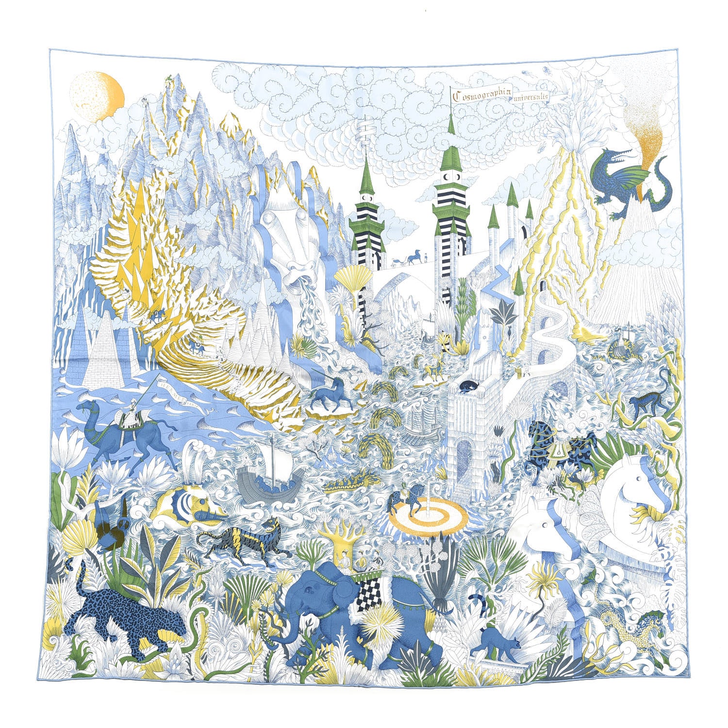 Hermes Silk Cosmographia Universalis Scarf 90 White Bleu Vert 1 of 3
