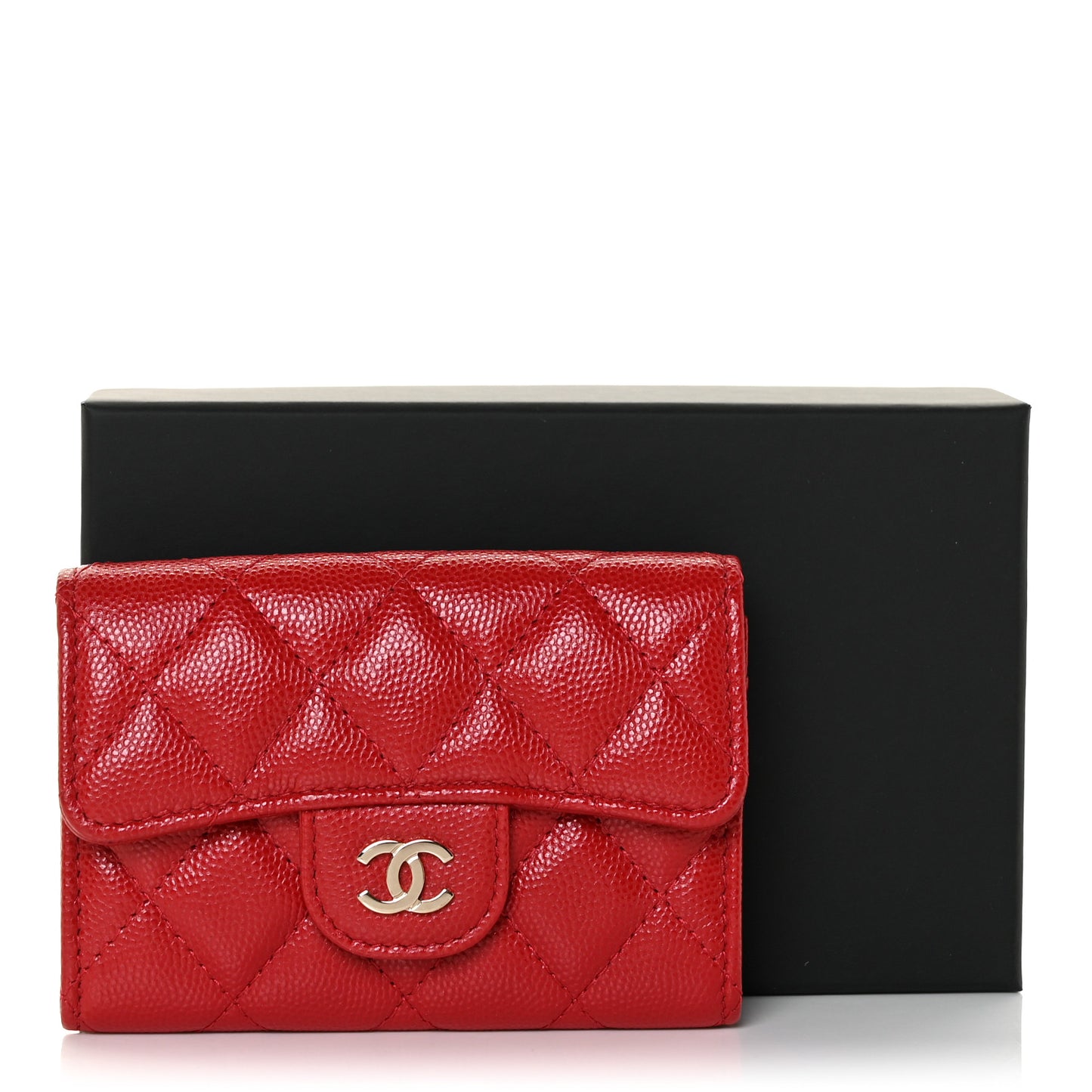 Caviar Quilted Flap Card Holder Wallet Red