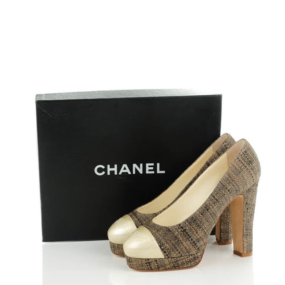 Chanel Tweed CC Cap Toe Pumps 40 Beige Gold 8 of 8