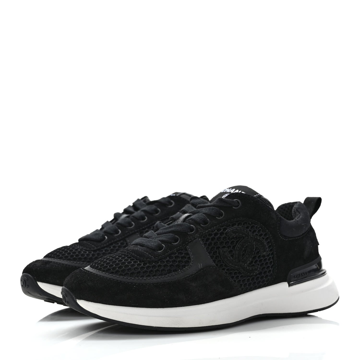 Chanel Calfskin Mesh Lycra Suede Womens Logo Sneakers 36.5 Black 3 of 6