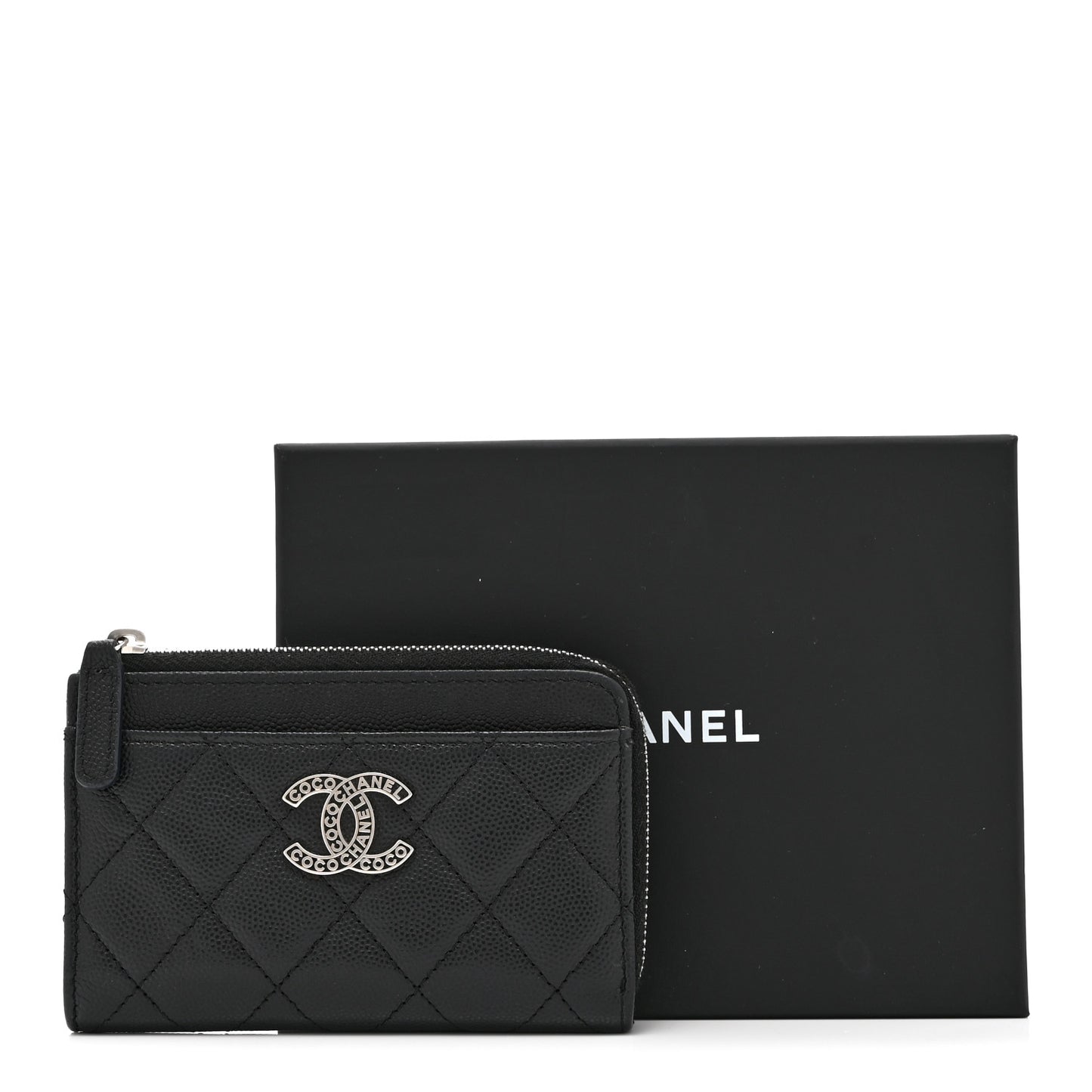 Caviar Quilted CC Logo Zip Around Card Holder Black