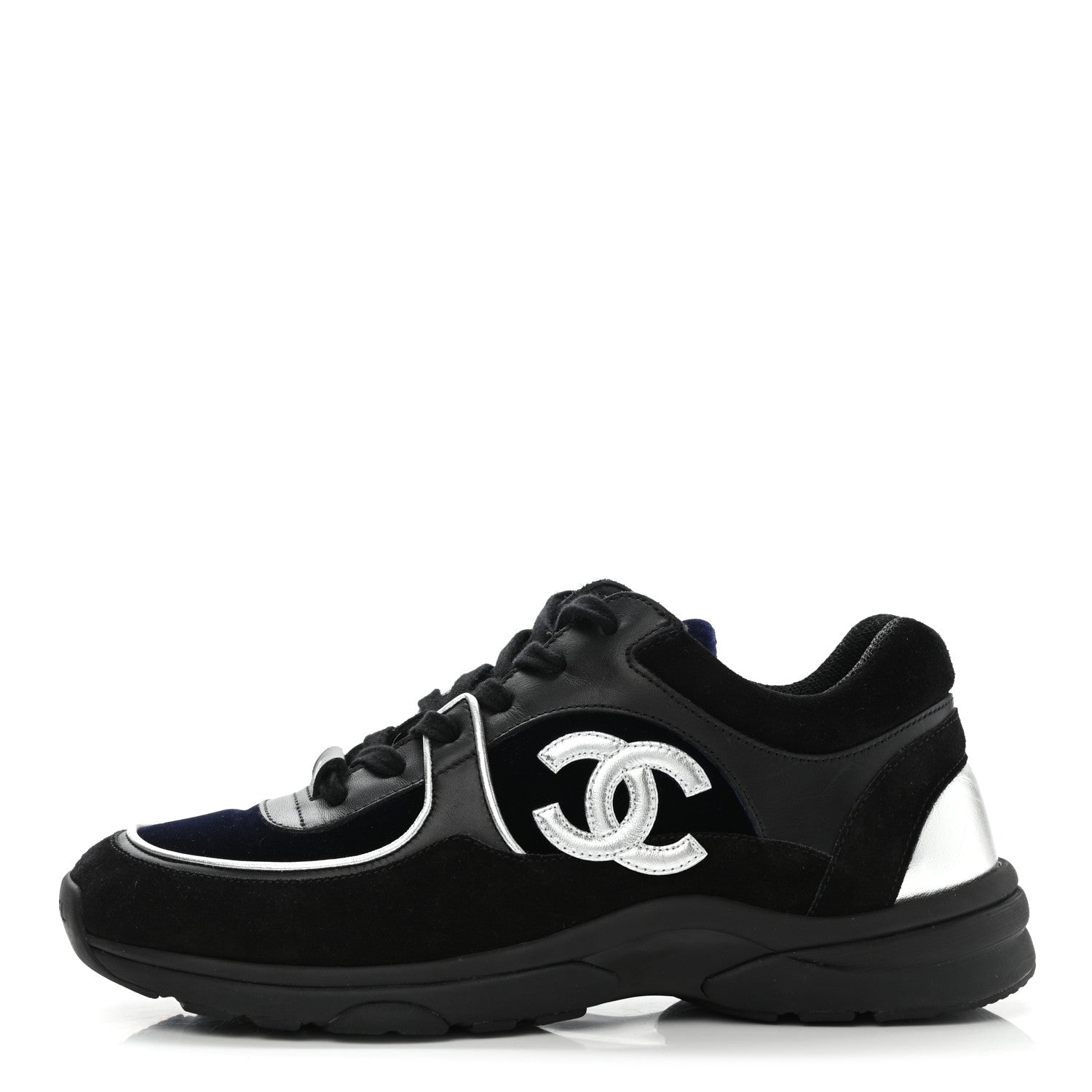 Chanel Suede Velvet Lambskin CC Sneakers 40 Black Blue Silver 1 of 9