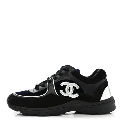 Chanel Suede Velvet Lambskin CC Sneakers 40 Black Blue Silver 1 of 9