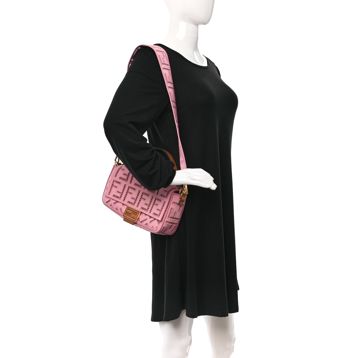 Fendi Canvas Cuoio Agata FF Ajour Embroidered Baguette Ciclamino Cuoio 2 of 10