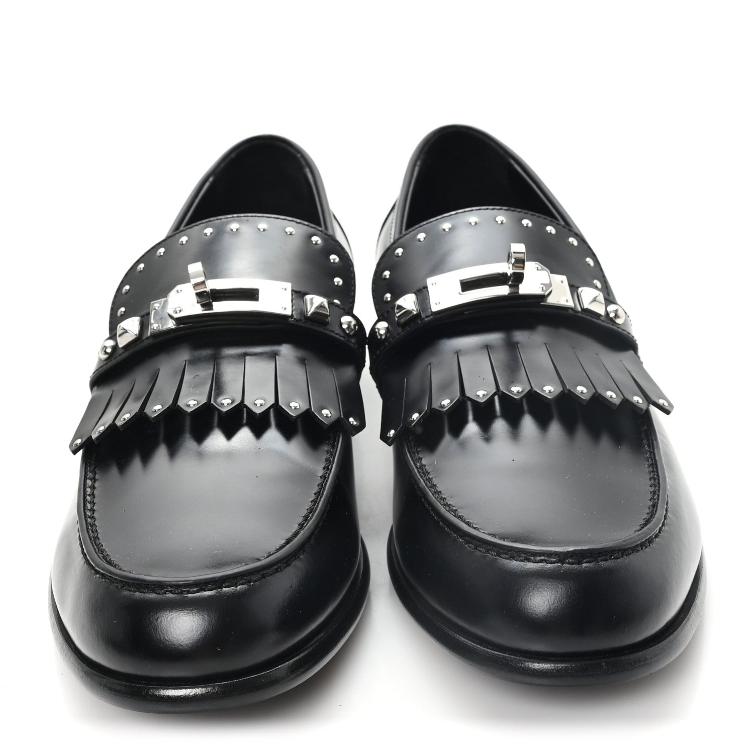 Hermes Glazed Calfskin Medor Studded Fringe Womens Destin Loafer 40 Black 3 of 10