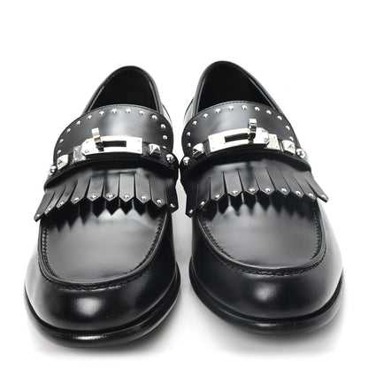 Hermes Glazed Calfskin Medor Studded Fringe Womens Destin Loafer 40 Black 3 of 10