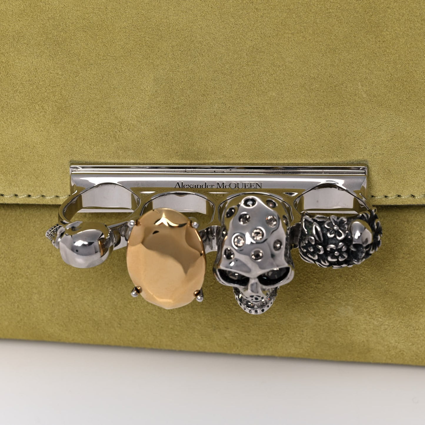 Suede Skull Four Ring Clutch Lime