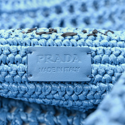 Prada Yarn Raffia Effect Crochet Logo Embroidered Shopping Tote Bag Celeste 6 of 8