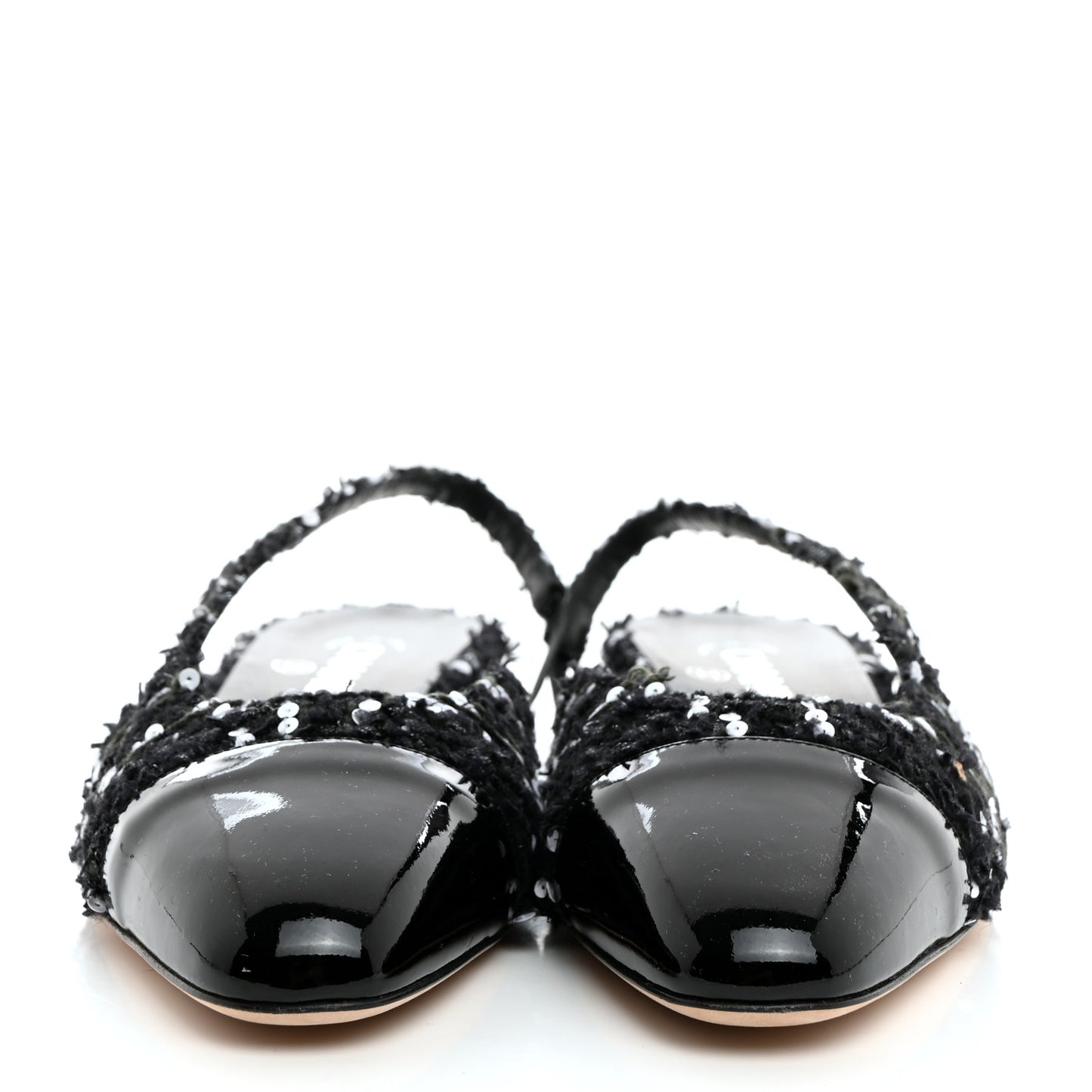 Tweed Sequin Patent Cap Toe CC Slingback Flats 41 Black