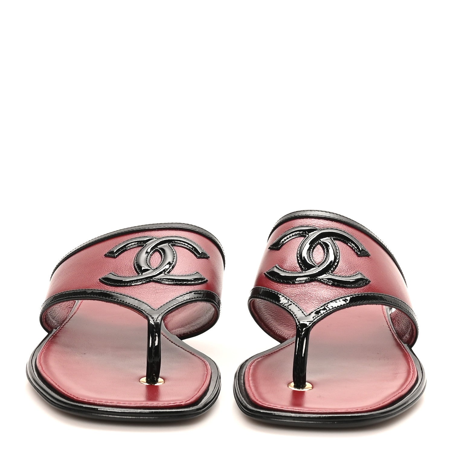 Chanel Lambskin Patent Calfskin CC Thong Sandals 37 Burgundy Black 3 of 9
